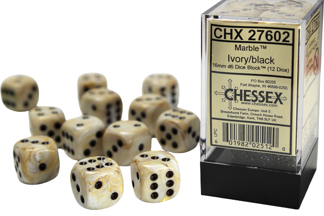 Chessex 16mm d6 with pips Dice Blocks (12 Dice) - Marble Ivory w/black