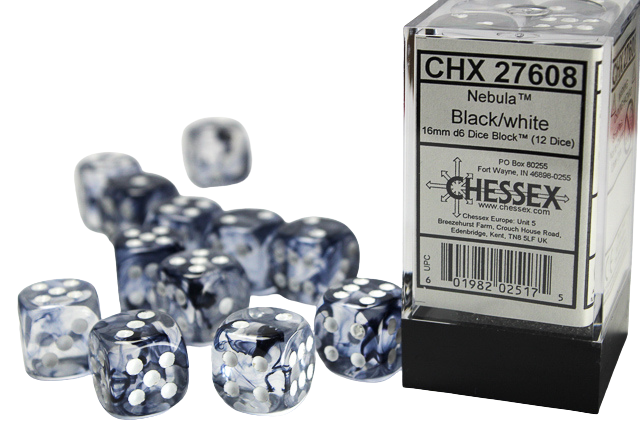 Chessex 16mm d6 with pips Dice Blocks (12 Dice) - Nebula Black w/white