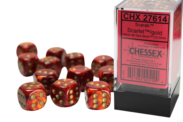 Chessex 16mm d6 with pips Dice Blocks (12 Dice) - Scarab Scarlet w/gold