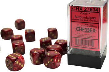 Chessex - 16mm d6 with pips Dice Blocks (12 Dice) - Vortex Burgundy w/gold