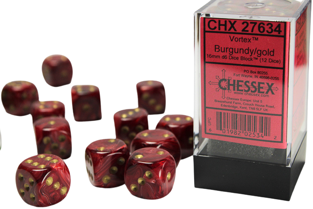 Chessex - 16mm d6 with pips Dice Blocks (12 Dice) - Vortex Burgundy w/gold