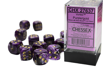 Chessex - 16mm d6 with pips Dice Blocks (12 Dice) - Vortex Purple w/gold