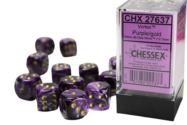 Chessex - 16mm d6 with pips Dice Blocks (12 Dice) - Vortex Purple w/gold