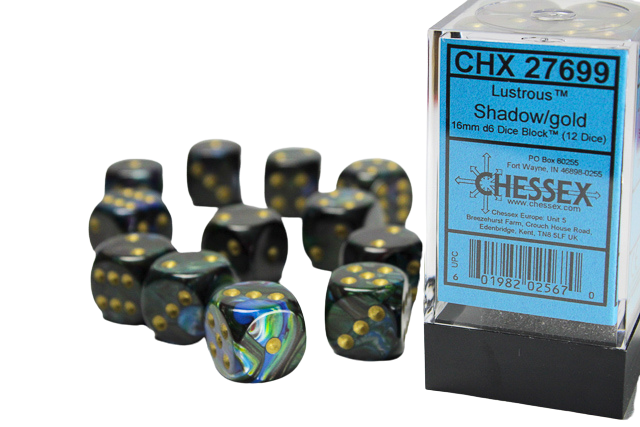 Chessex - 16mm d6 with pips Dice Blocks (12 Dice) - Lustrous Shadow w/gold