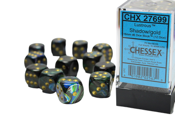 Chessex - 16mm d6 with pips Dice Blocks (12 Dice) - Lustrous Shadow w/gold