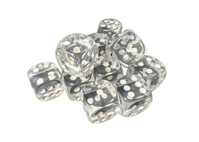 Chessex - Translucent 16mm d6 with pips Dice Blocks (12 Dice) - Clear w/white