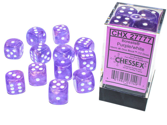 Chessex Borealis 16mm d6 Purple/white Luminary Dice Block (12 dice)