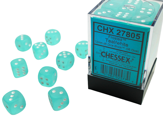 Chessex Signature 12mm d6 with pips Dice Blocks (36 Dice) - Frosted Teal w/white