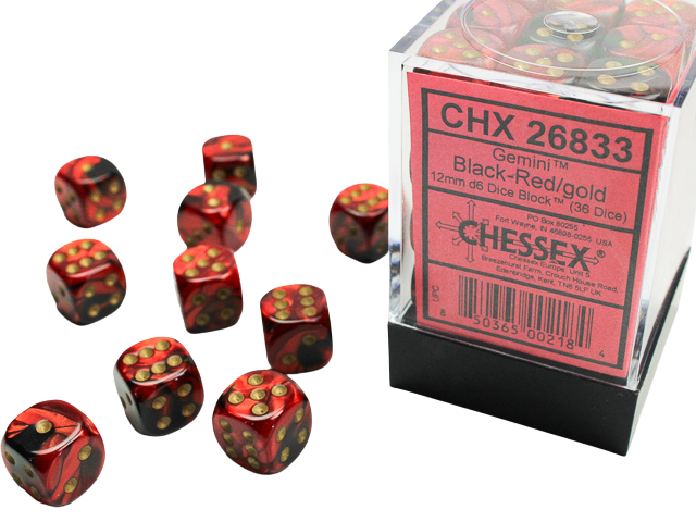 Chessex Gemini 12mm d6 Dice Blocks with pips Dice Blocks (36 Dice) - Black-Red w/gold