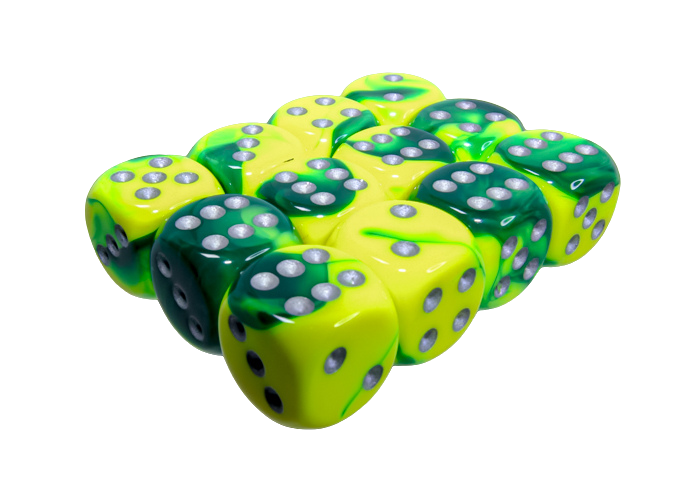 Chessex Gemini 16mm d6 with pips Dice Blocks (12 Dice) - Green-Yellow w/silver