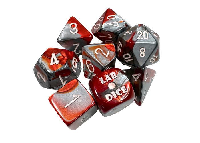Lab Dice 8 - Gemini Red-Steel/white Polyhedral 7-Dice Set (with bonus die)