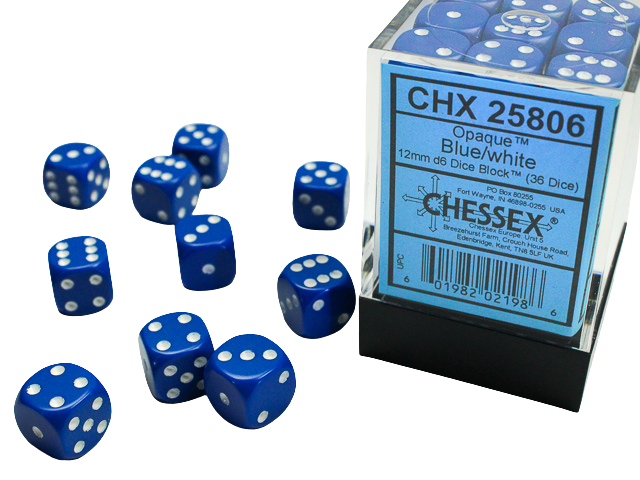 Chessex Dice Block: Opaque Blue w/white - 12mm D6 (36)