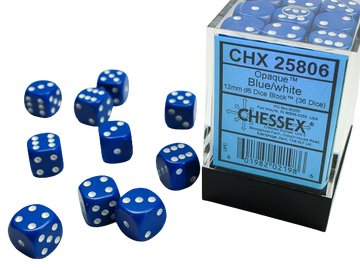 Chessex Dice Block: Opaque Blue w/white - 12mm D6 (36)