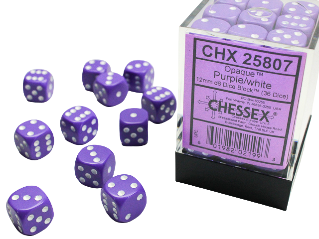 Chessex Dice Block: Opaque Purple w/white - 12mm D6 (36)