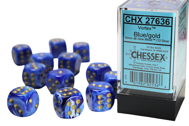Chessex 16mm d6 with pips Dice Blocks (12 Dice) - Vortex Blue w/gold