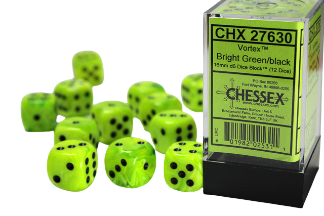 Chessex 16mm d6 with pips Dice Blocks (12 Dice) - Vortex Bright Green w/black