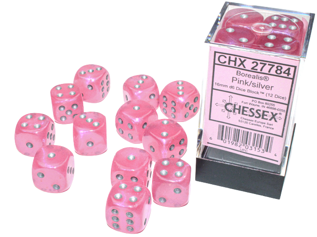 Chessex Borealis 16mm d6 Pink/silver Luminary Dice Block (12 dice)