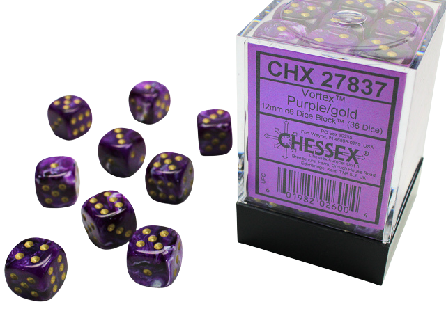 Chessex - Signature 12mm d6 with pips Dice Blocks (36 Dice) - Vortex Purple w/gold