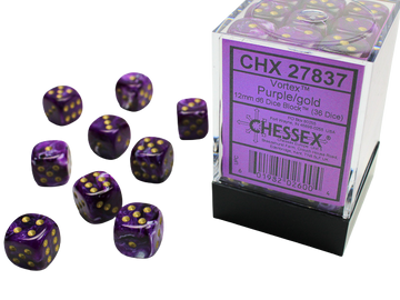 Chessex - Signature 12mm d6 with pips Dice Blocks (36 Dice) - Vortex Purple w/gold