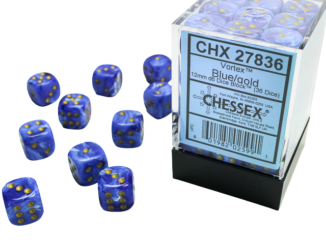 Chessex - Signature 12mm d6 with pips Dice Blocks (36 Dice) - Vortex Blue w/gold