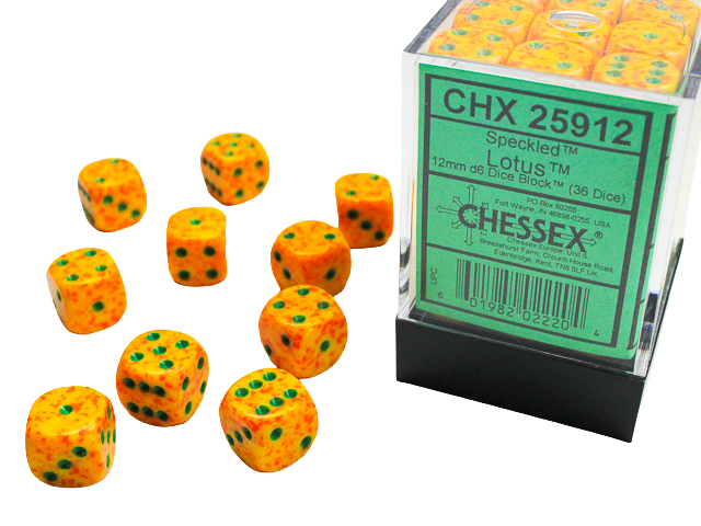 Chessex - Speckled 12mm d6 Dice Blocks with Pips (36 Dice) - Lotus