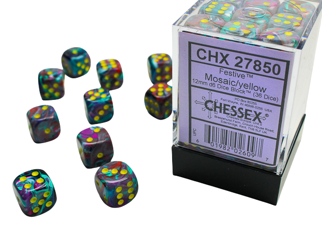 Chessex - Signature 12mm d6 with pips Dice Blocks (36 Dice) - Festive Mosaic/yellow