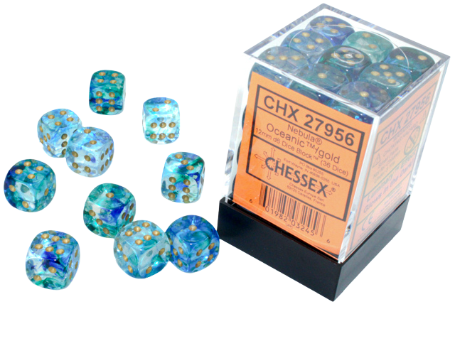 Chessex - 12mm d6 Blocks - Nebula TM 12mm d6 Oceanic/gold Luminary Dice Block™ (36 dice)