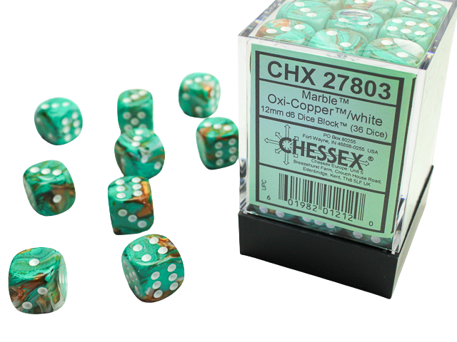 Chessex - Signature 12mm d6 with pips Dice Blocks (36 Dice) - Marble Oxi‑Copper/white