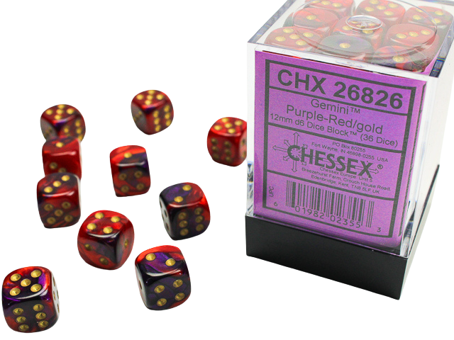 Chessex - Gemini 12mm d6 Dice Blocks with pips Dice Blocks (36 Dice) - Purple-Red w/gold
