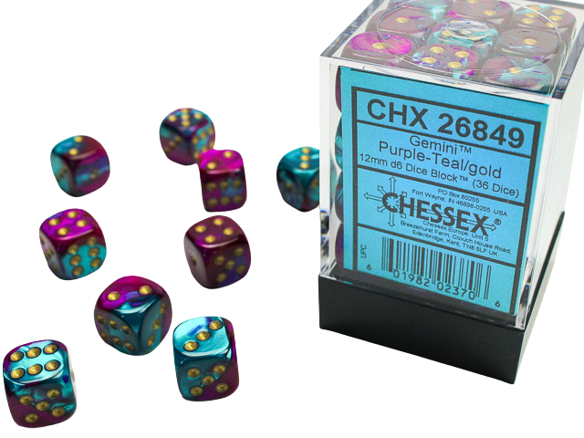 Chessex - Gemini 12mm d6 Dice Blocks with pips Dice Blocks (36 Dice) - Purple-Teal w/gold