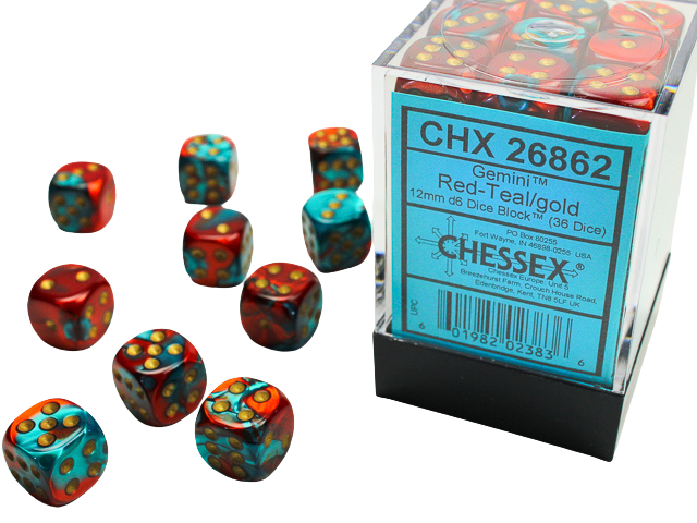 Chessex - Gemini 12mm d6 Dice Blocks with pips Dice Blocks (36 Dice) - Red-Teal with gold