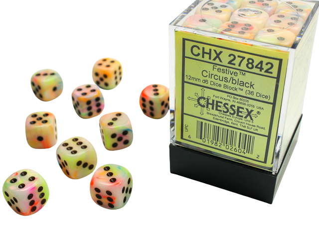 Chessex Signature 12mm d6 with pips Dice Blocks (36 Dice) - Festive Circus w/black