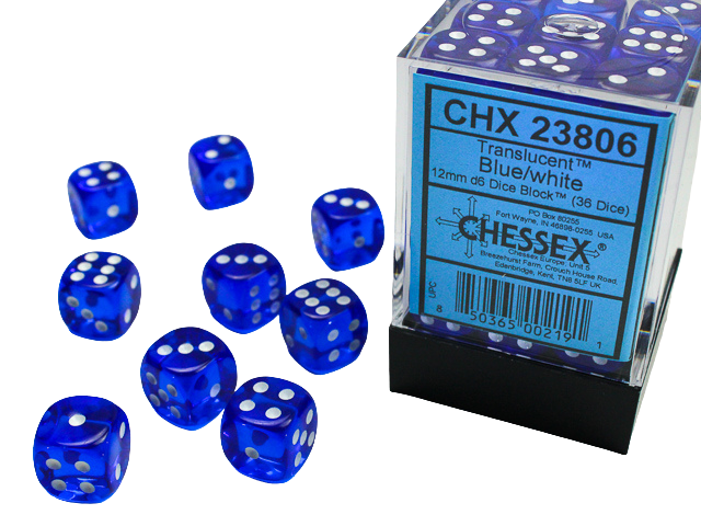 Chessex Translucent 12mm d6 with pips Dice Blocks (36 Dice) - Blue w/white