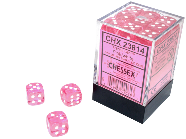 Chessex Translucent Pink/white 12mm d6 Dice Block (36 dice)