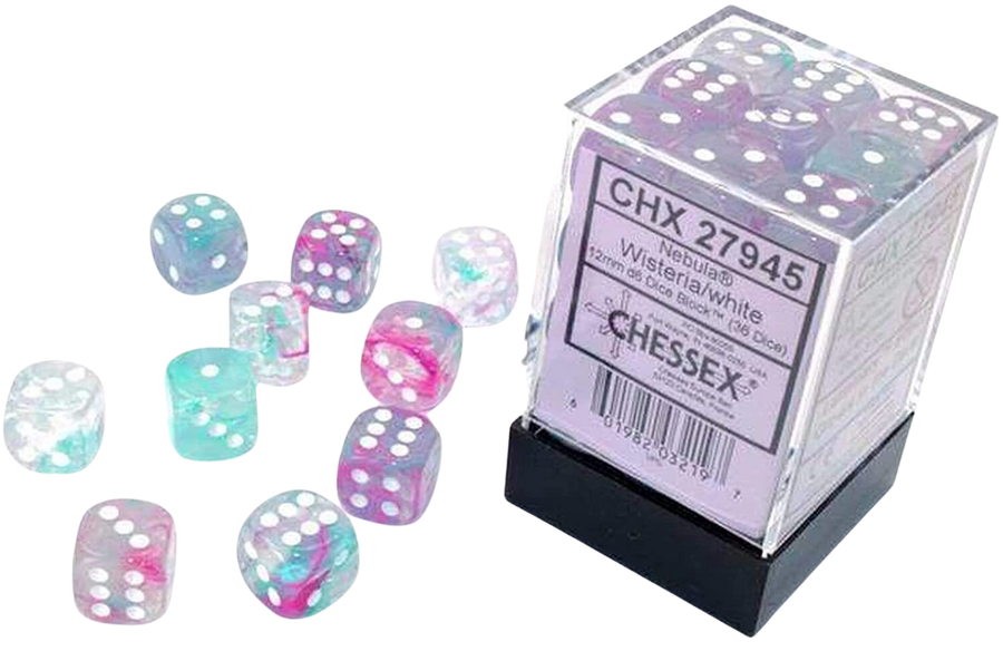 Chessex 12mm d6 Blocks - Nebula 12mm Wisteria/white Luminary Dice Block™ (36 dice)