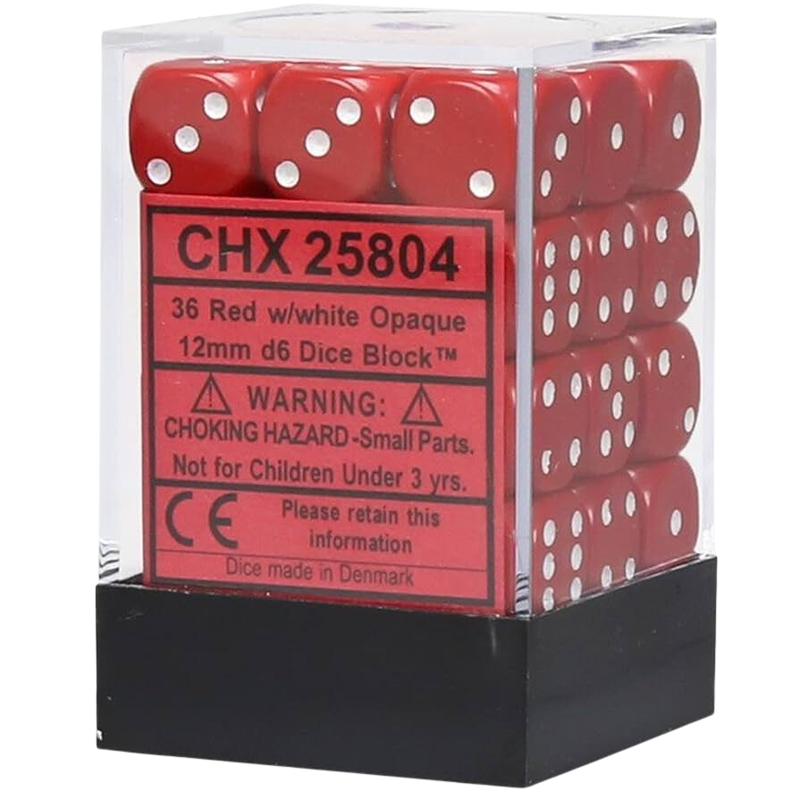 Chessex Dice Block: Opaque Red w/white - 12mm D6 (36)