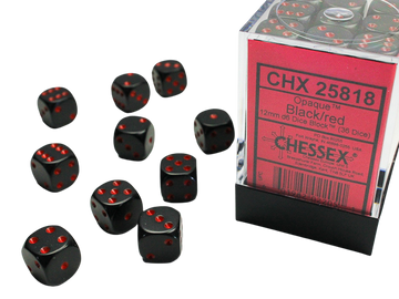 Chessex Dice Block: Opaque Black w/red - 12mm D6 (36)