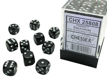 Chessex Dice Block: Opaque Black w/white - 12mm D6 (36)