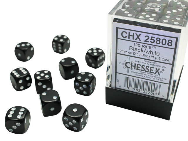 Chessex Dice Block: Opaque Black w/white - 12mm D6 (36)