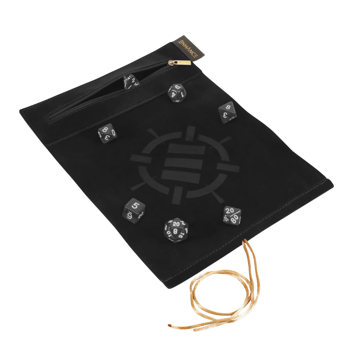 ENHANCE Roll on a Scroll™ Dice Rolling Mat & 7pc Acrylic Dice Set - Black