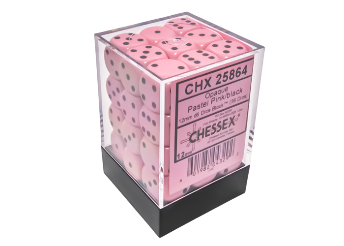 Chessex Opaque Pastel Pink/black 12mm d6 Dice Block (36 dice)