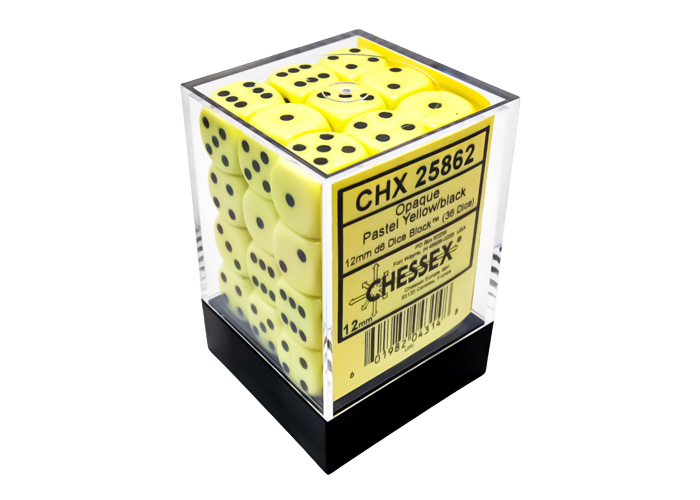 Chessex Opaque Pastel Yellow/black 12mm d6 Dice Block (36 dice)