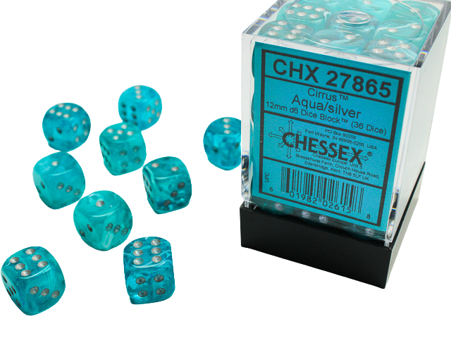 Chessex Signature 12mm d6 with pips Dice Blocks (36 Dice) - Cirrus Aqua w/silver