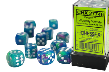 Chessex 16mm d6 with pips Dice Blocks (12 Dice) - Festive Waterlily/white