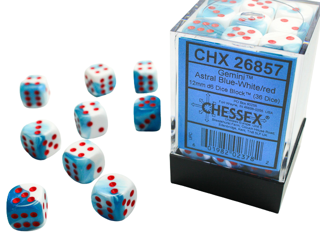Chessex Gemini 12mm d6 Dice Blocks with pips Dice Blocks (36 Dice) - Astral Blue-White w/red