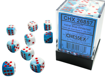 Chessex Gemini 12mm d6 Dice Blocks with pips Dice Blocks (36 Dice) - Astral Blue-White w/red