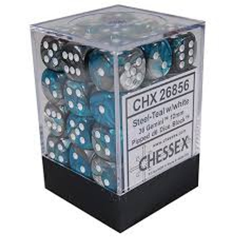 Chessex Dice Block: Gemini Steel-Teal w/white - 12mm D6 (36)