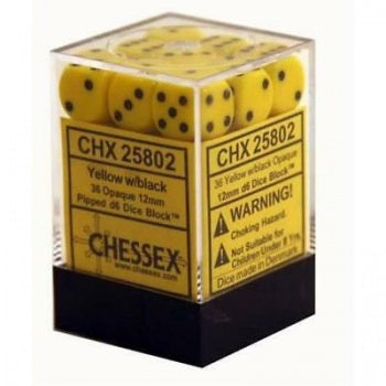 Chessex Dice Block: Opaque Yellow w/black - 12mm D6 (36)