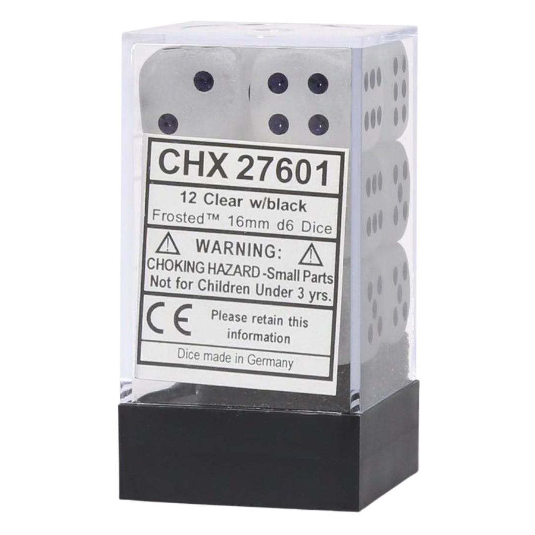 Chessex Dice Block: Frosted Clear w/black - 16mm D6 (12)