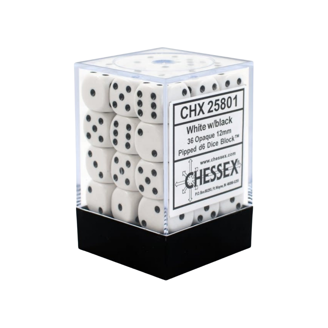 Chessex Dice Block: Opaque White w/black - 12mm D6 (36)